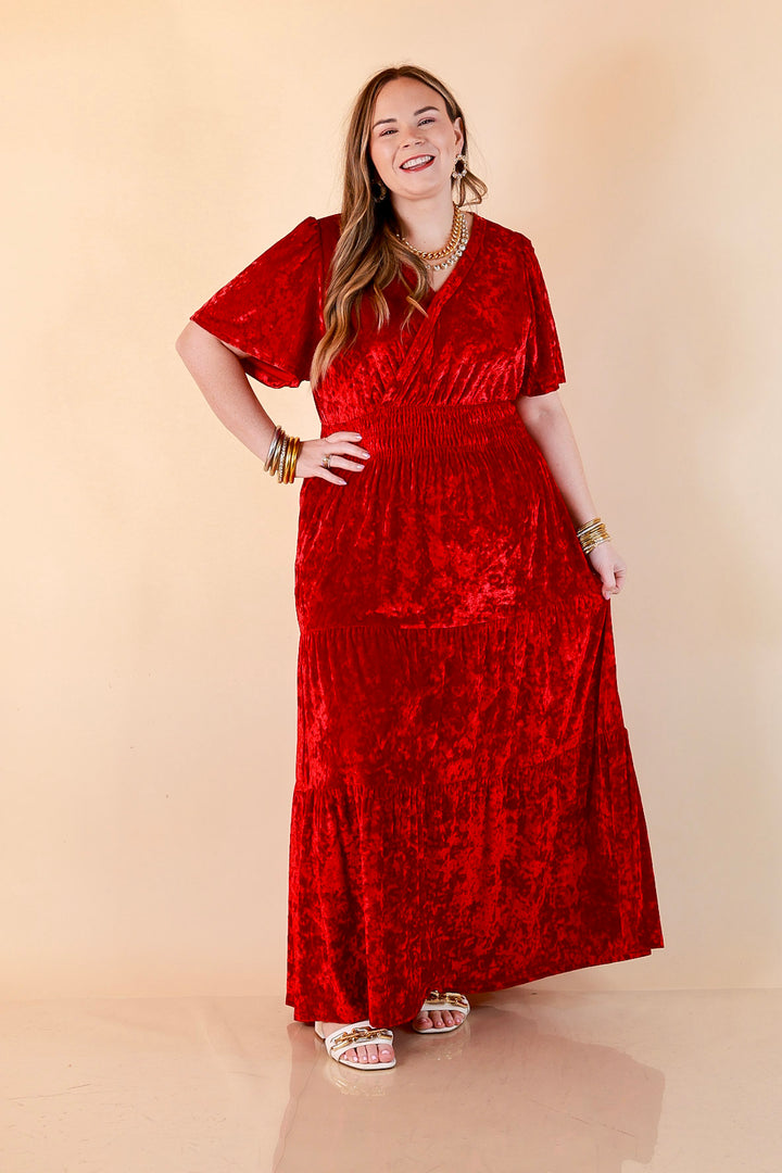 Belle of the Ball Crushed Velvet Tiered Maxi Dress in Red