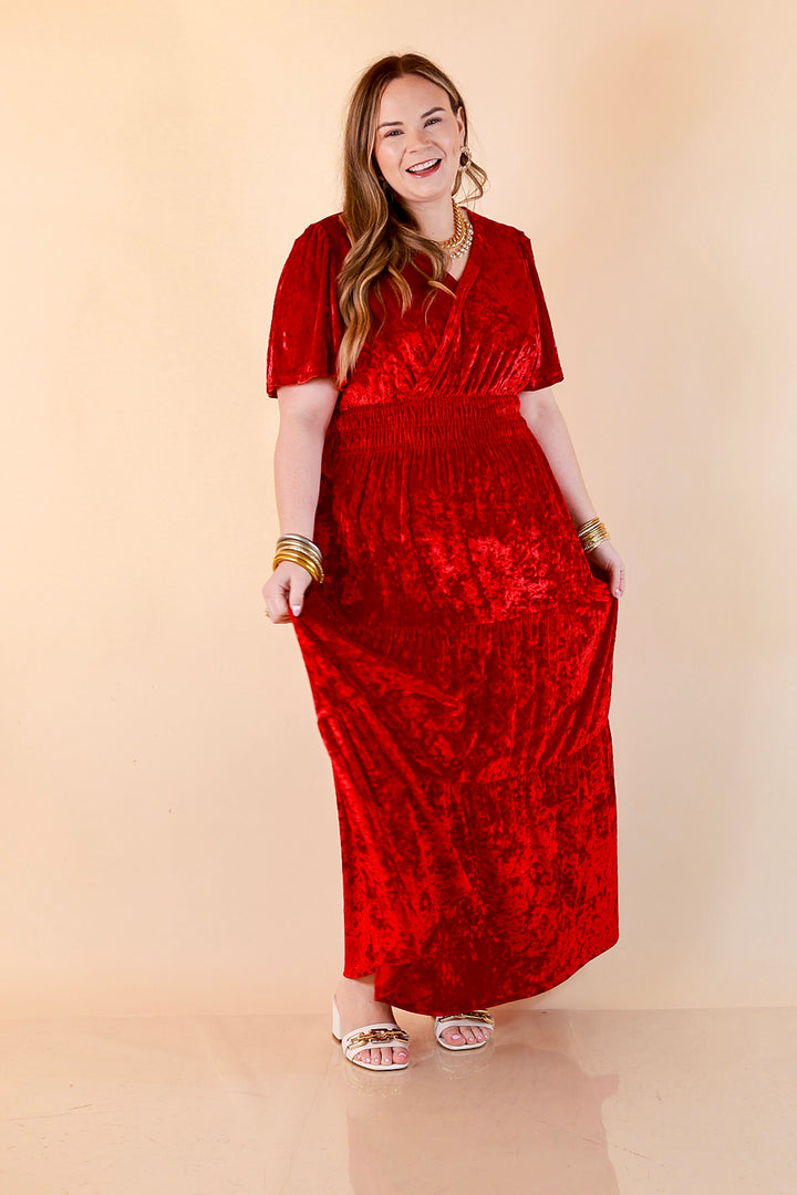 Belle of the Ball Crushed Velvet Tiered Maxi Dress in Red
