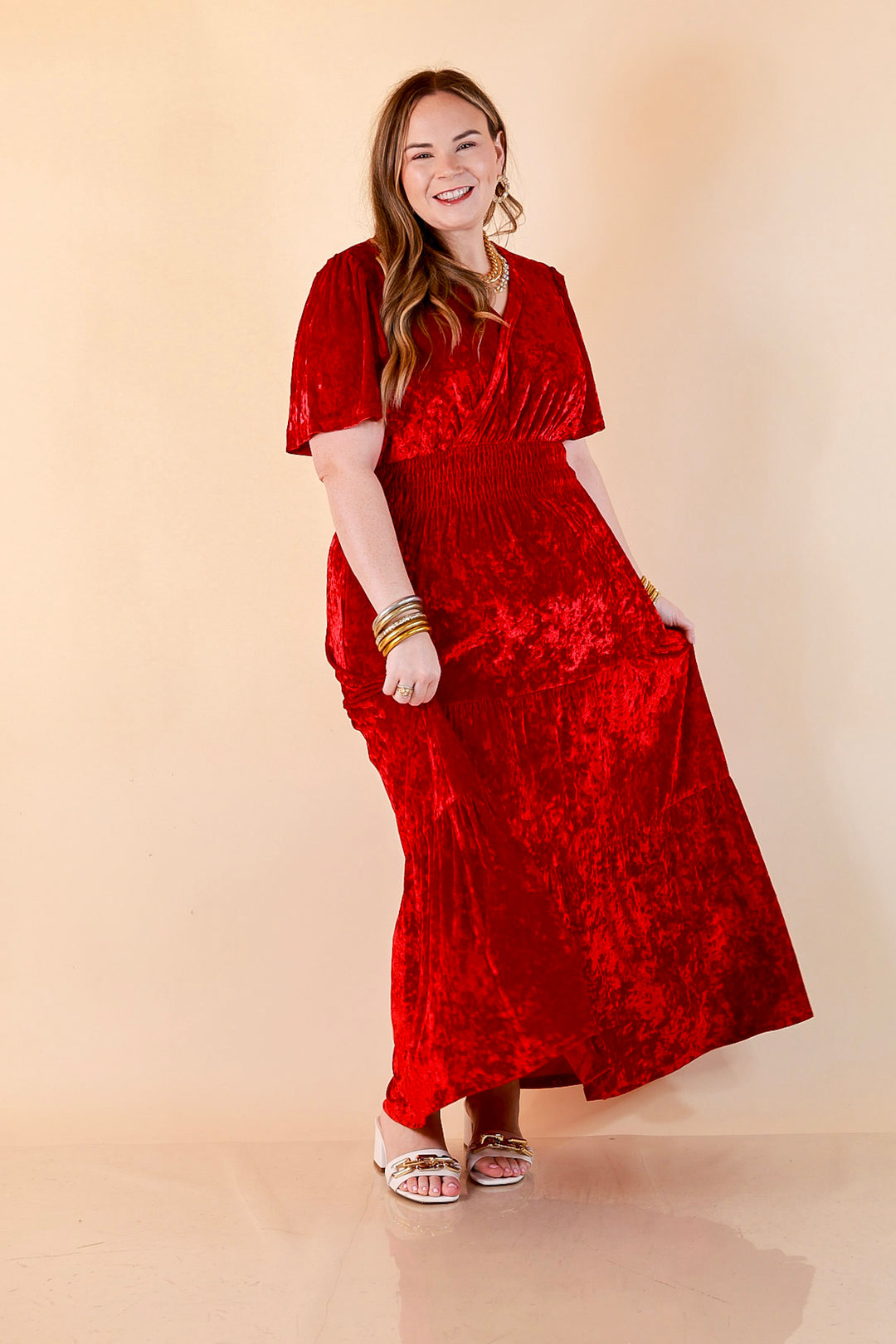 Belle of the Ball Crushed Velvet Tiered Maxi Dress in Red