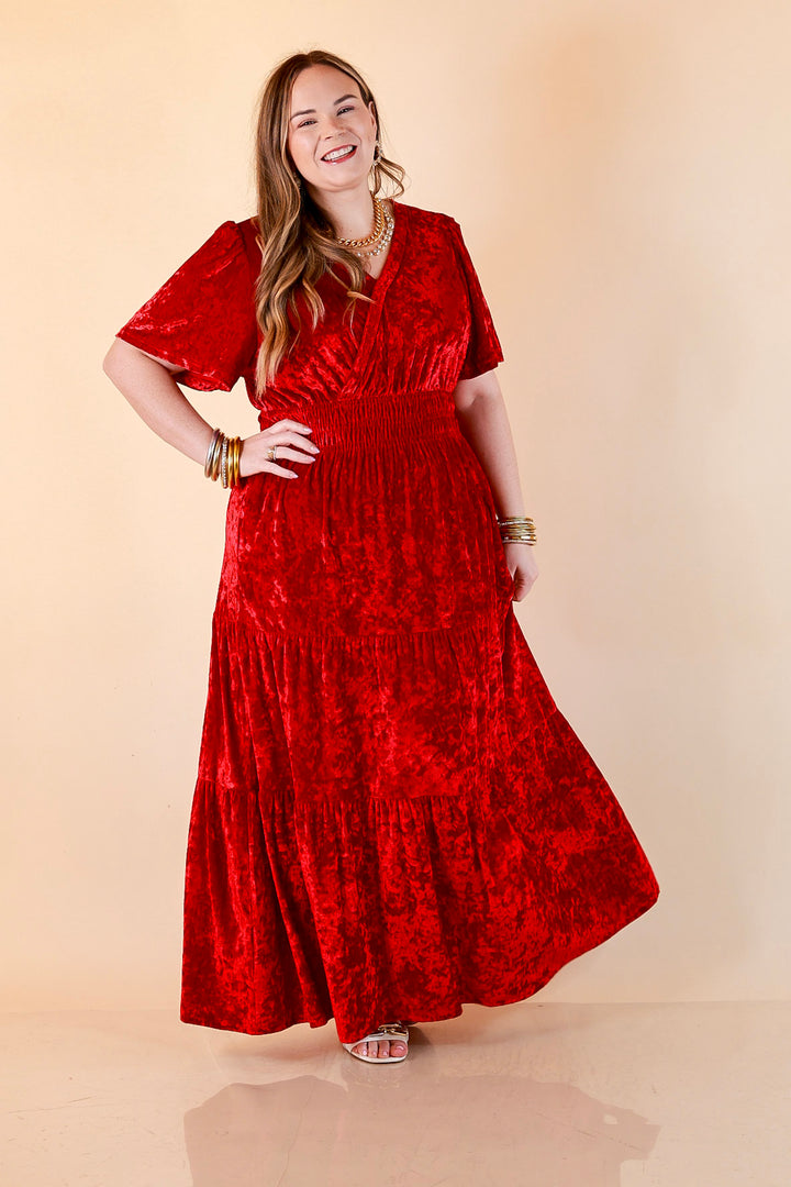 Belle of the Ball Crushed Velvet Tiered Maxi Dress in Red