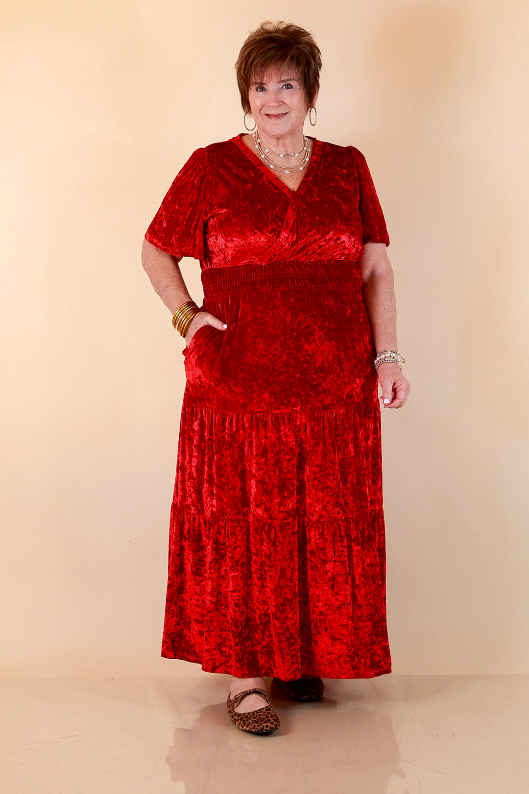 Belle of the Ball Crushed Velvet Tiered Maxi Dress in Red