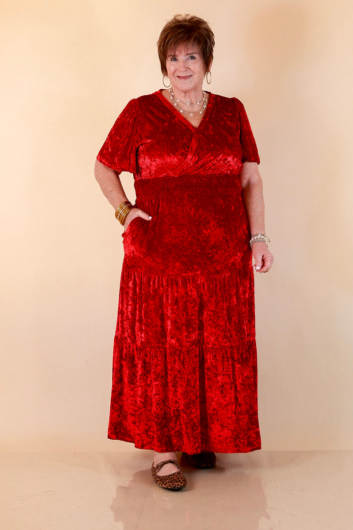 Belle of the Ball Crushed Velvet Tiered Maxi Dress in Red