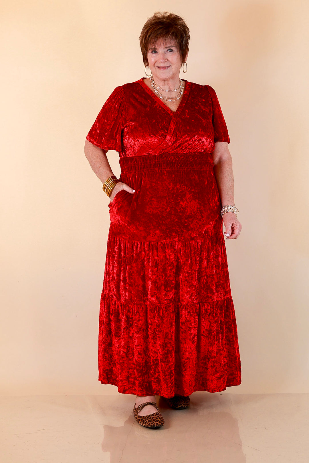Belle of the Ball Crushed Velvet Tiered Maxi Dress in Red