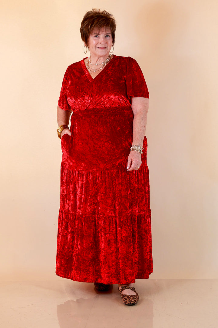 Belle of the Ball Crushed Velvet Tiered Maxi Dress in Red