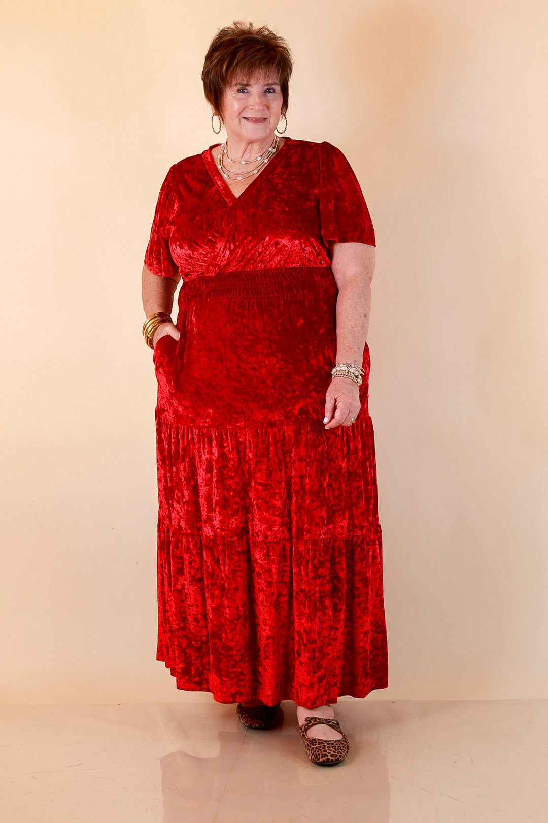 Belle of the Ball Crushed Velvet Tiered Maxi Dress in Red