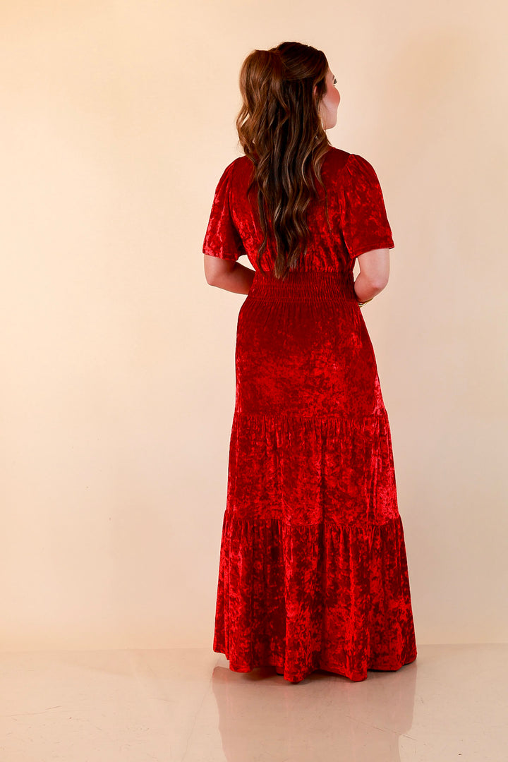 Belle of the Ball Crushed Velvet Tiered Maxi Dress in Red