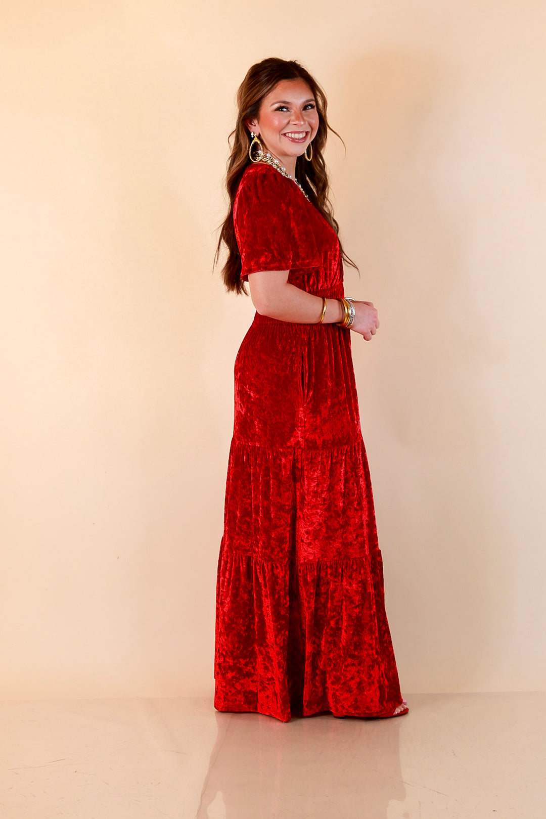 Belle of the Ball Crushed Velvet Tiered Maxi Dress in Red