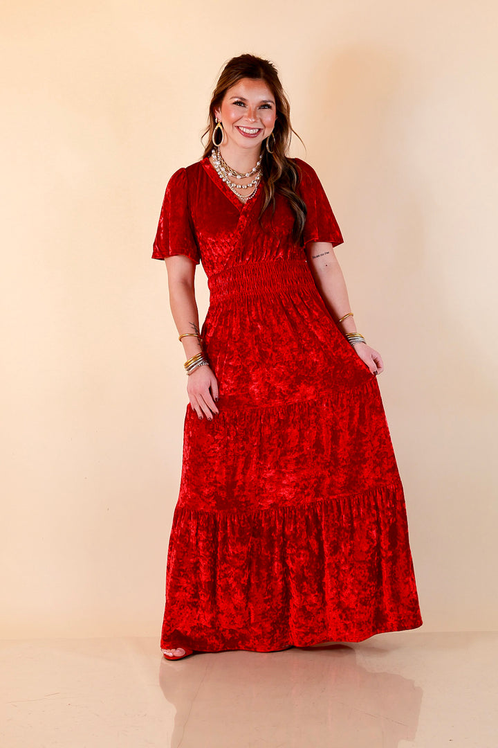 Belle of the Ball Crushed Velvet Tiered Maxi Dress in Red