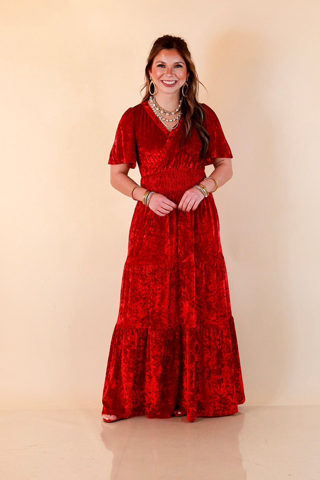 Belle of the Ball Crushed Velvet Tiered Maxi Dress in Red