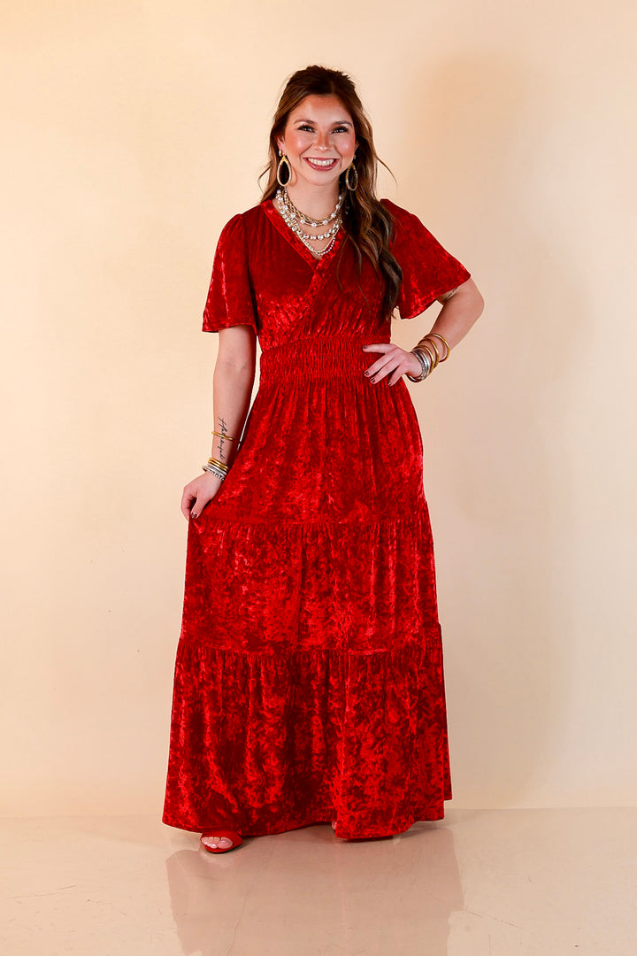 Belle of the Ball Crushed Velvet Tiered Maxi Dress in Red