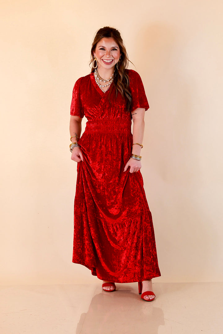 Belle of the Ball Crushed Velvet Tiered Maxi Dress in Red