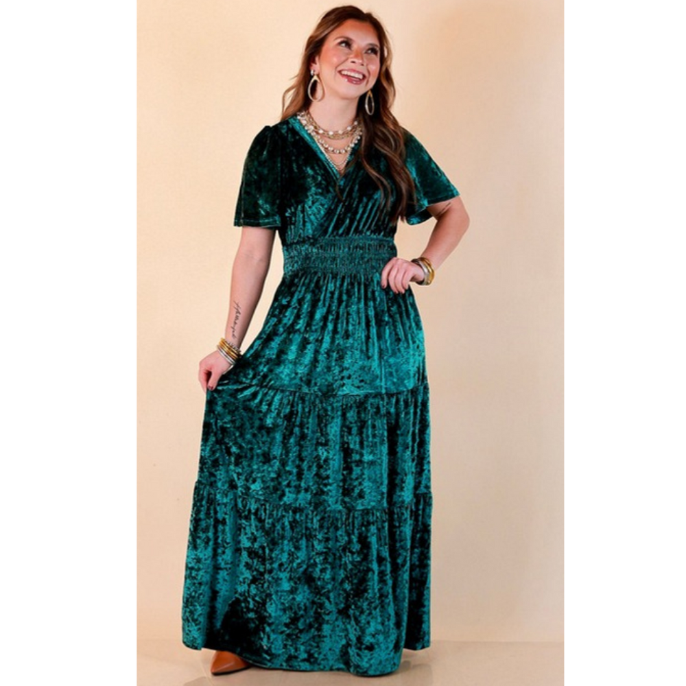 Belle of the Ball crushed velvet tiered maxi dress in green