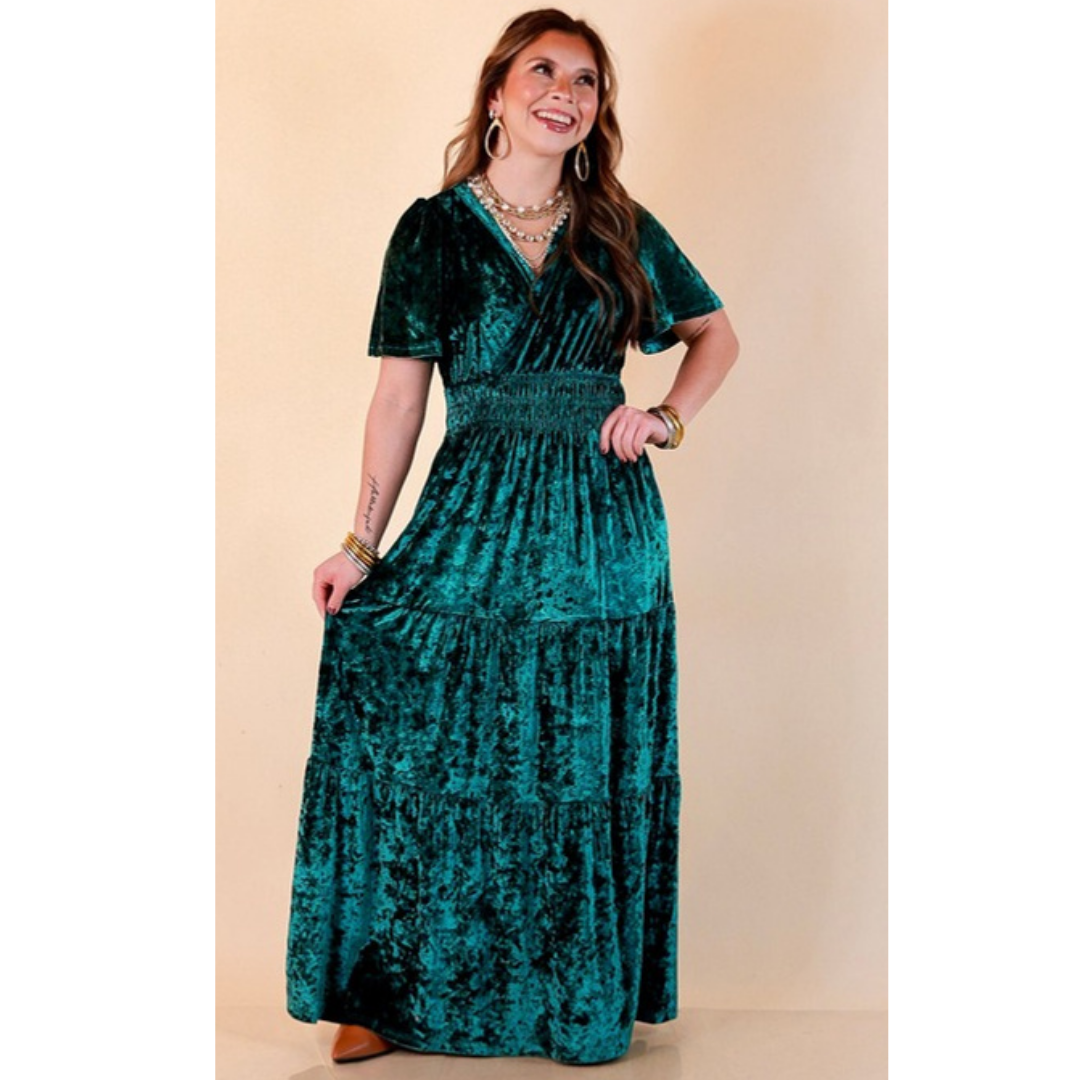 Belle of the Ball crushed velvet tiered maxi dress in green