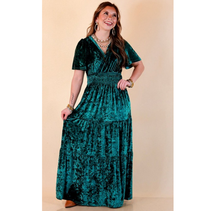 Belle of the Ball crushed velvet tiered maxi dress in green