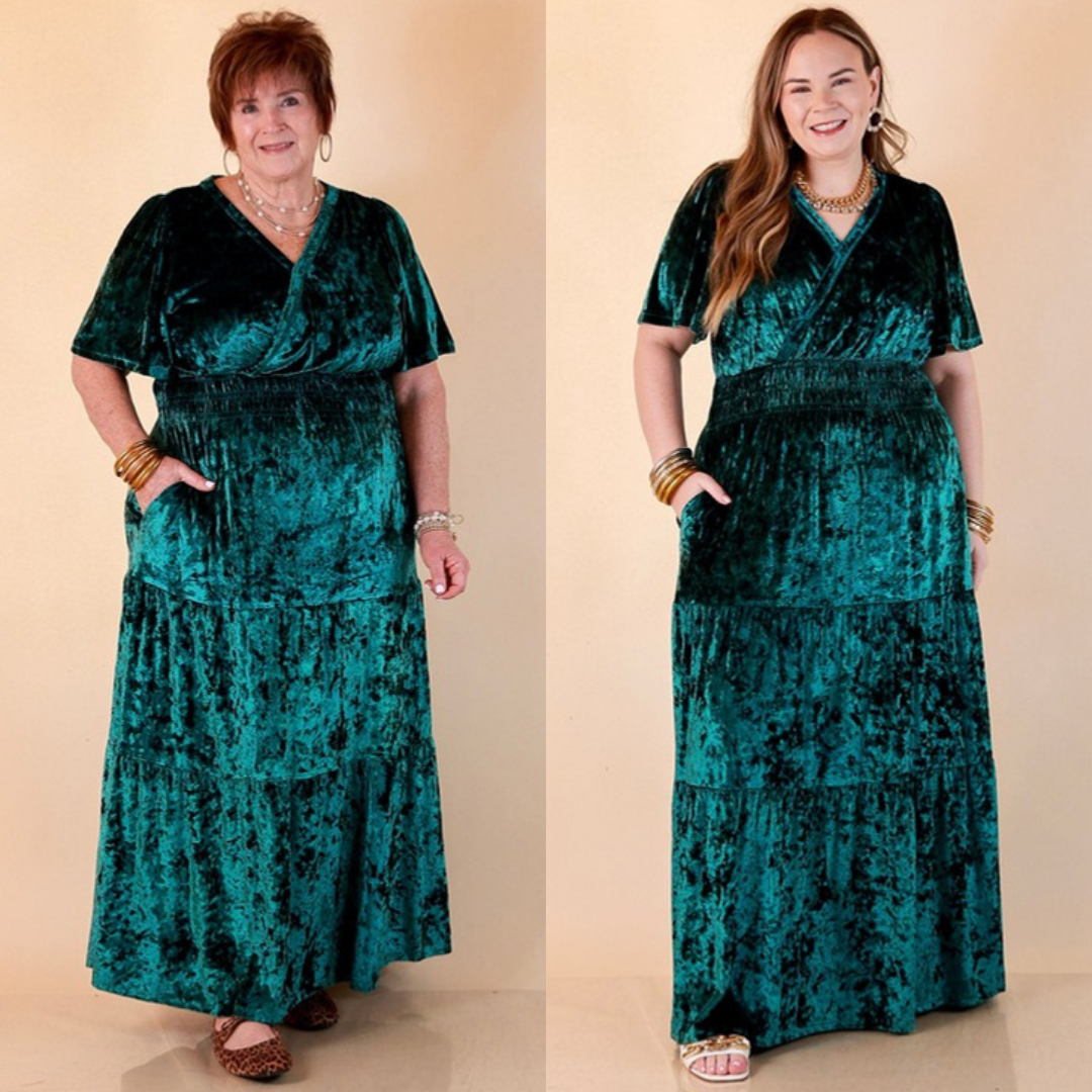 Belle of the Ball crushed velvet tiered maxi dress in green