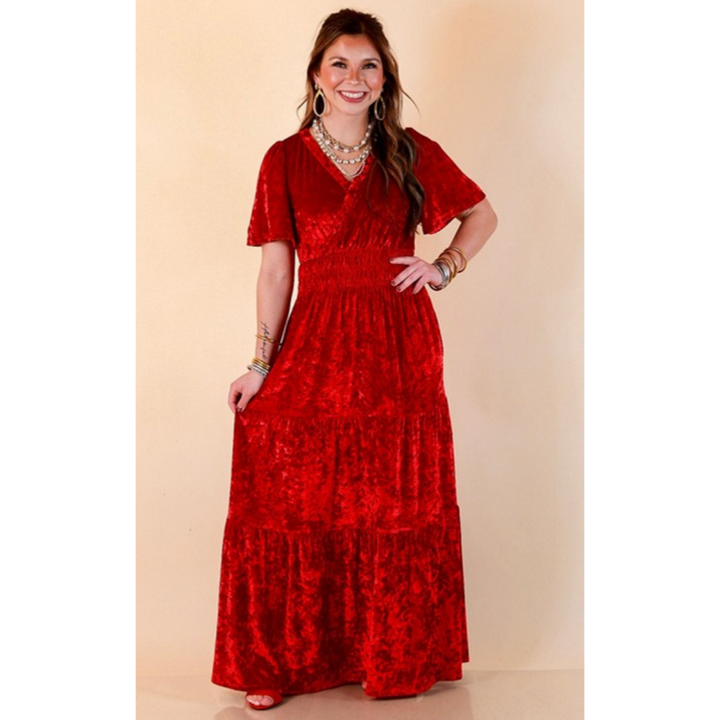 Belle of the Ball crushed velvet tiered maxi dress in red