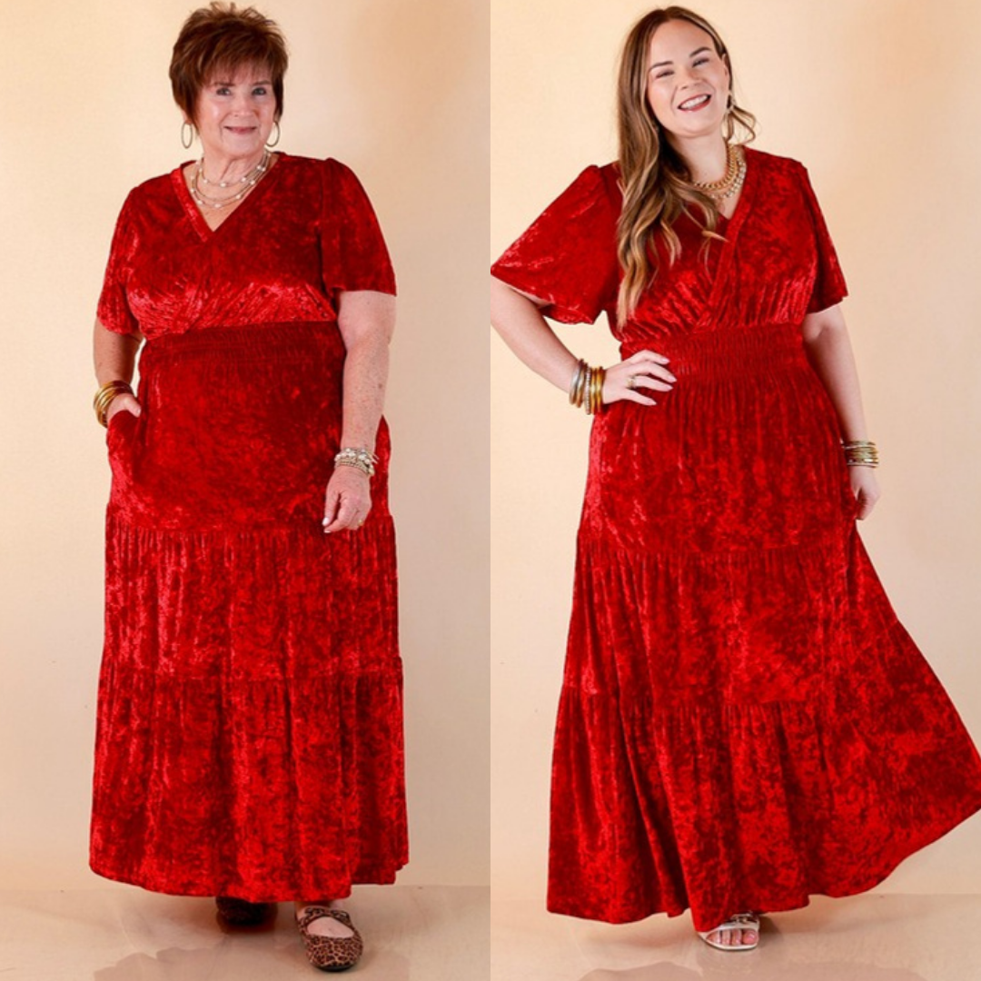 Belle of the Ball crushed velvet tiered maxi dress in red