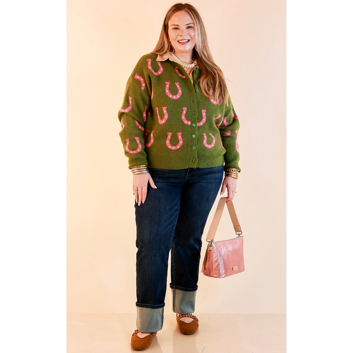 Better Together Stripe Button Up Collared Top with Poofy Sleeves in Olive Green and Pink