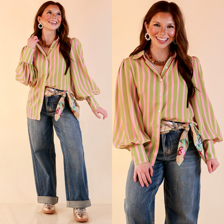 Better Together Stripe Button Up Collared Top with Poofy Sleeves in Olive Green and Pink