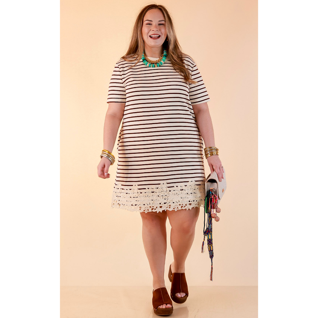Beyond the Basics Striped Floral Lace Hem T-Shirt Dress in Ivory and Chocolate Brown
