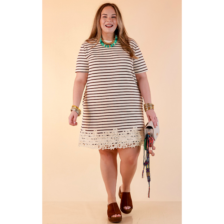 Beyond the Basics Striped Floral Lace Hem T-Shirt Dress in Ivory and Chocolate Brown