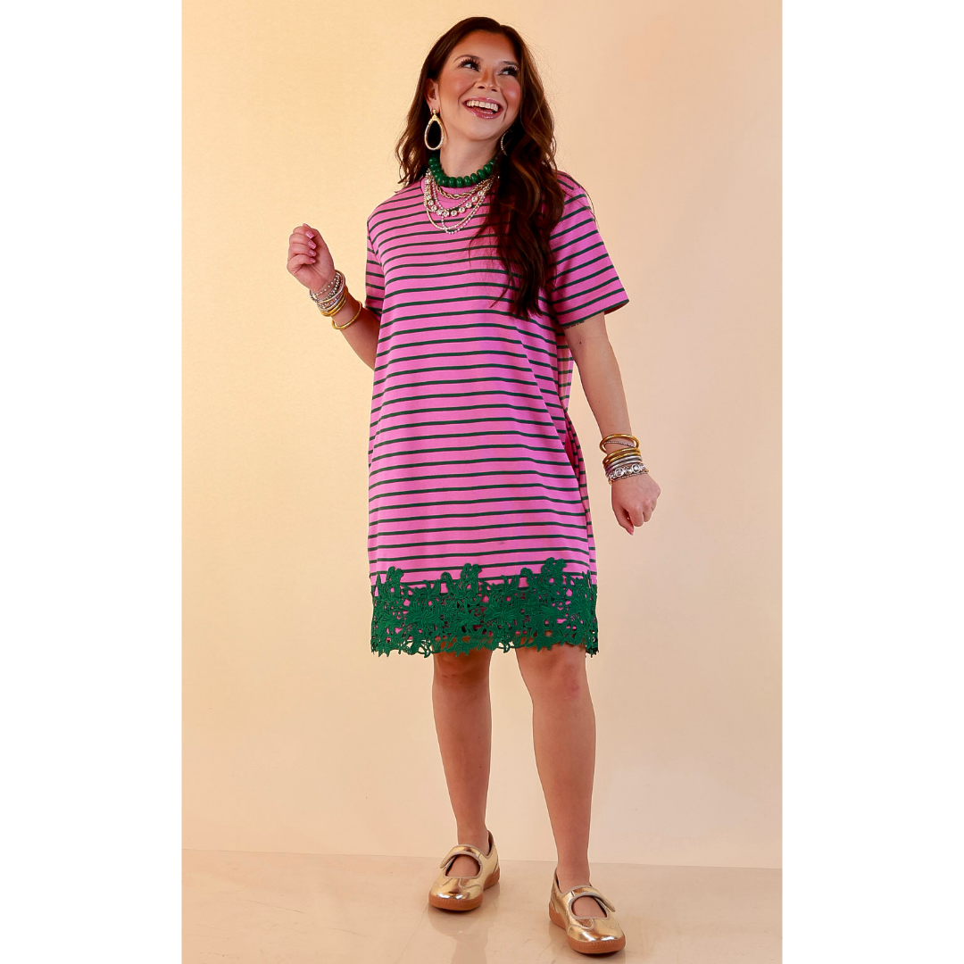 Beyond the Basics Striped Floral Lace Hem T-Shirt Dress in Pink and Green