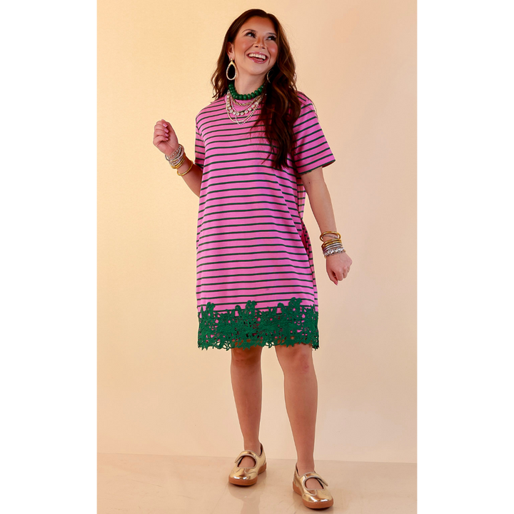 Beyond the Basics Striped Floral Lace Hem T-Shirt Dress in Pink and Green