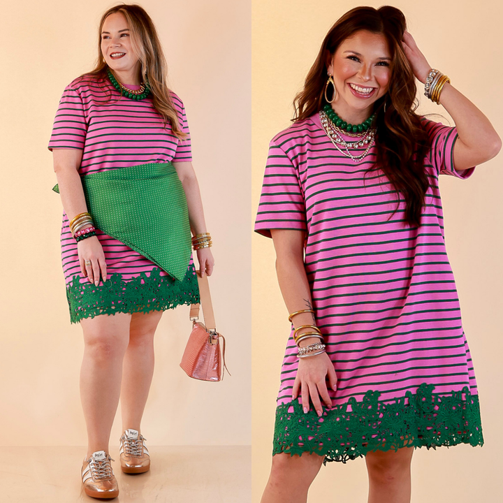 Beyond the Basics Striped Floral Lace Hem T-Shirt Dress in Pink and Green