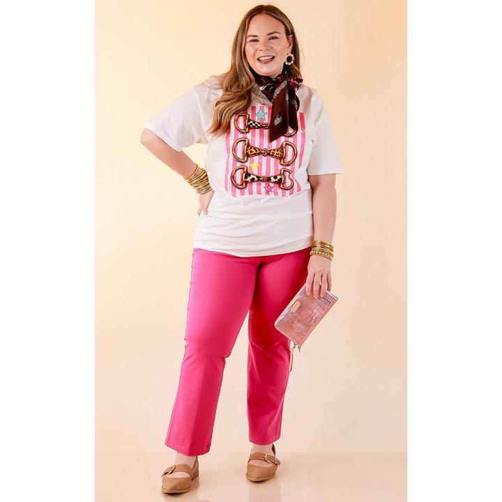 Bit of Charm Horse Bit Printed Short Sleeve Graphic Tee with Stripes and Star Detailing in White