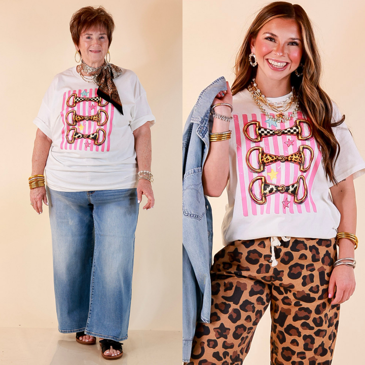 Bit of Charm Horse Bit Printed Short Sleeve Graphic Tee with Stripes and Star Detailing in White