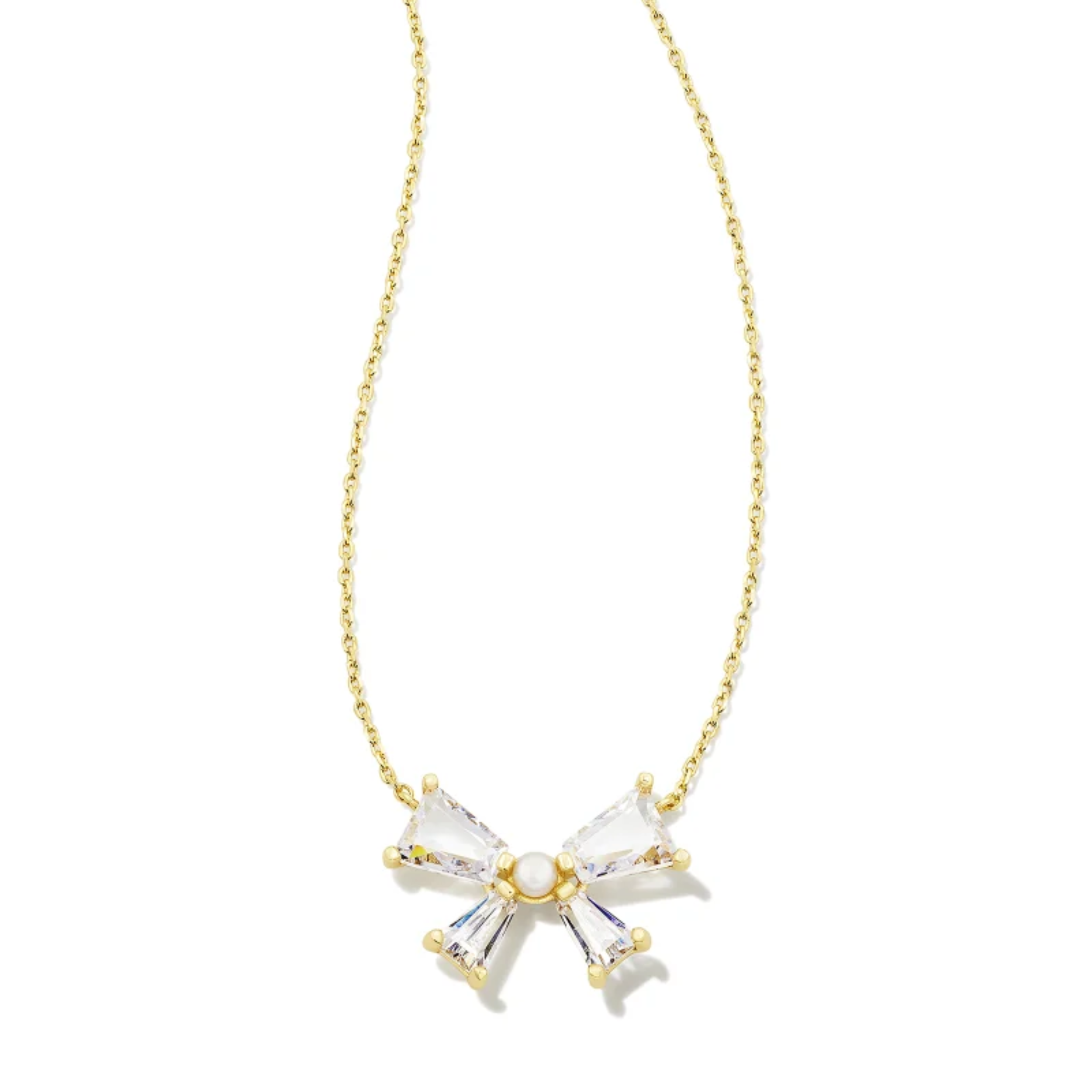 This Blair Gold Bow Pendent Necklace in White by Kendra Scott is pictured on a white background.
