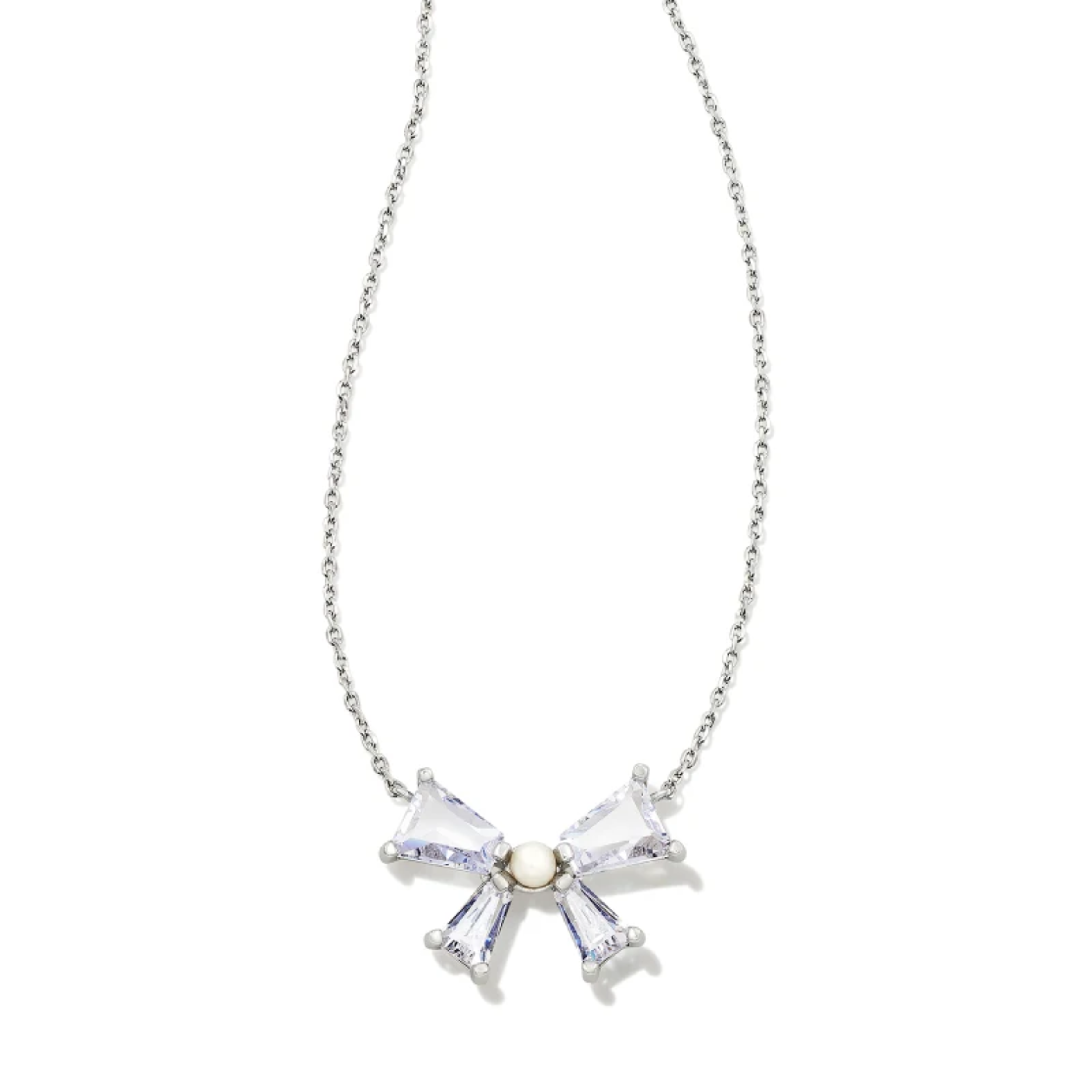 This Blair Silver Bow Pendent Necklace in White by Kendra Scott is pictured on a white background.