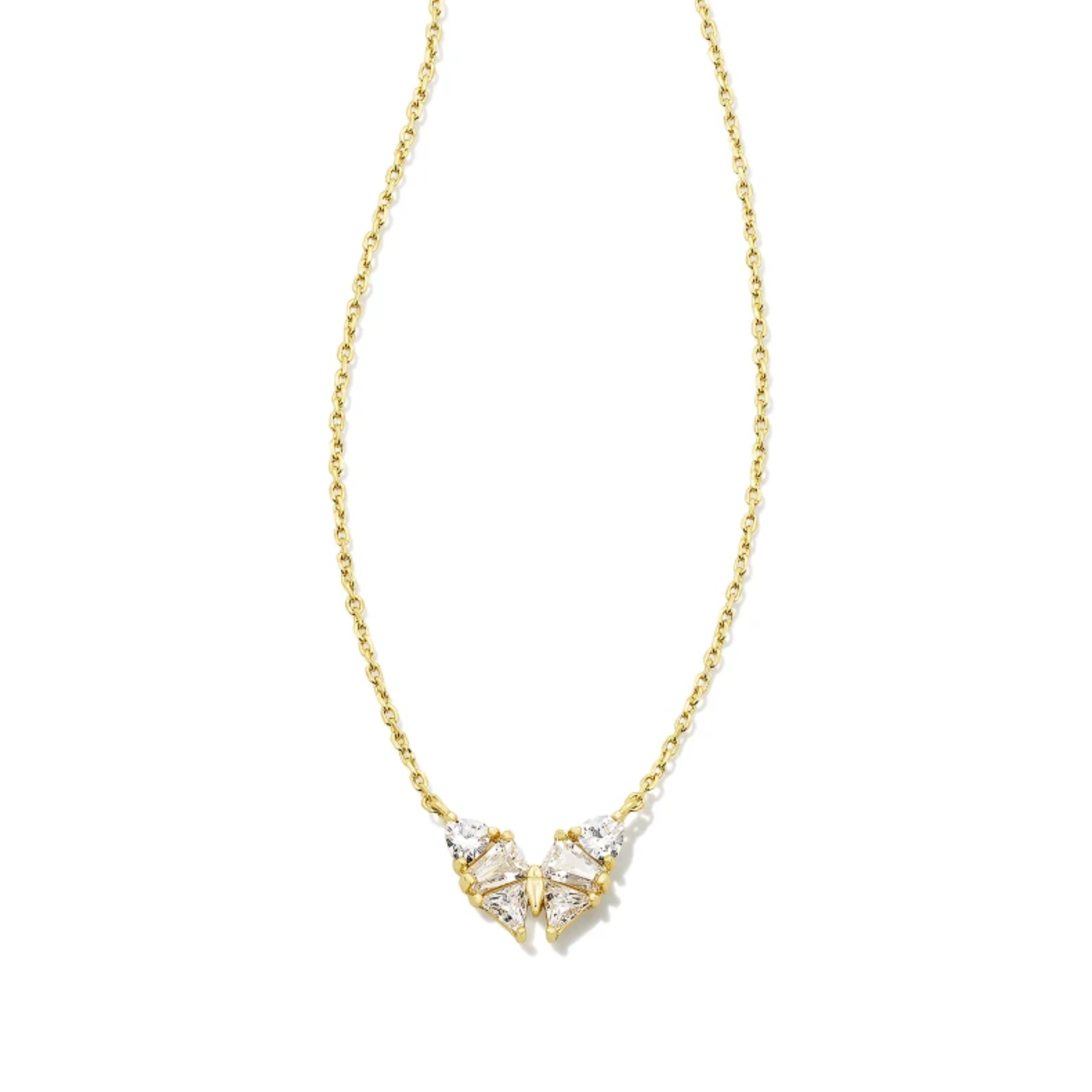 This Blair Gold Butterfly Short Pendant Necklace in White Crystal by Kendra Scott is pictured on a white background.