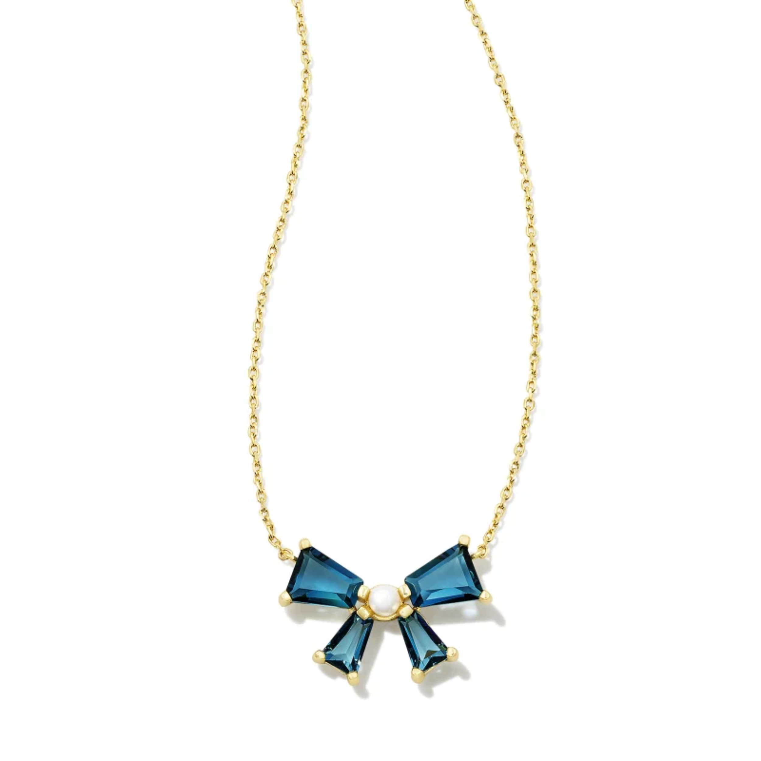 This Blair Gold Bow Pendant Necklace in teal Mix by Kendra Scott is pictured on a white background.