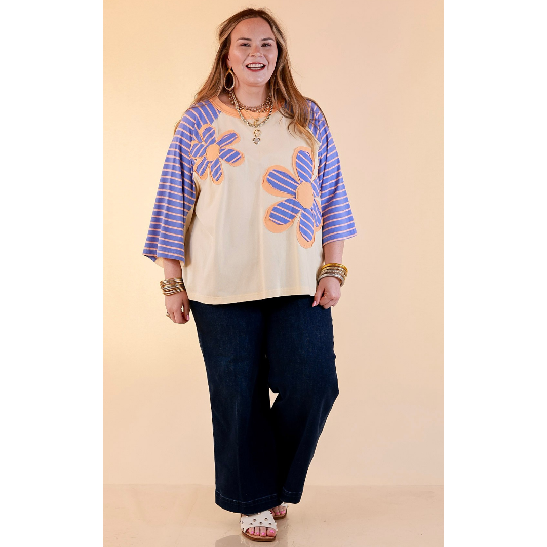 Bloom in Color Floral and Stripe Print Relaxed Short Sleeve Top with Contrast Sleeves in Cream