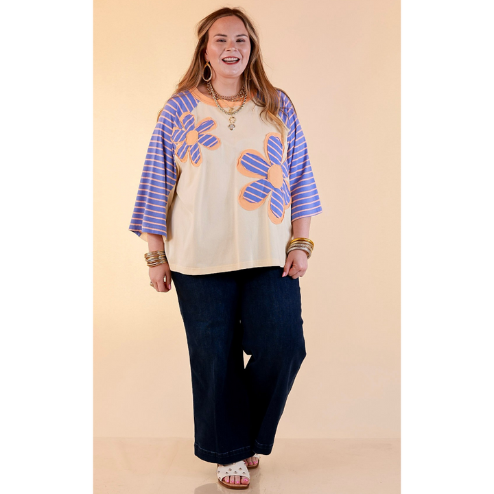 Bloom in Color Floral and Stripe Print Relaxed Short Sleeve Top with Contrast Sleeves in Cream