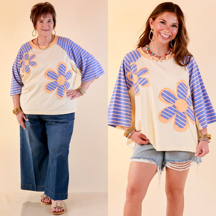 Bloom in Color Floral and Stripe Print Relaxed Short Sleeve Top with Contrast Sleeves in Cream