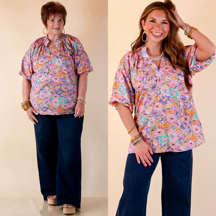 Blooming Beauty Floral Print V Neck Top with Smocked Neckline and Puff Sleeves in Pink Multi Color