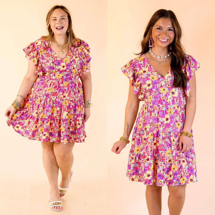 This dress includes a v neckline, ruffle cap sleeves, an eyelet body, babydoll fit, and a floral and pink color. Available in sizes small through plus size. 