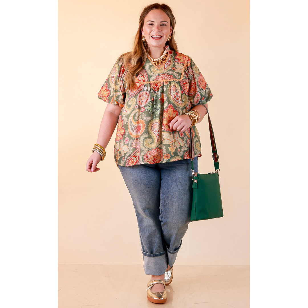 Blooming Days Ahead Paisley Print V Neck Blouse with Puff Sleeves, Ruffle Trim Collar and Lace Trim Yoke in Olive Green Mix