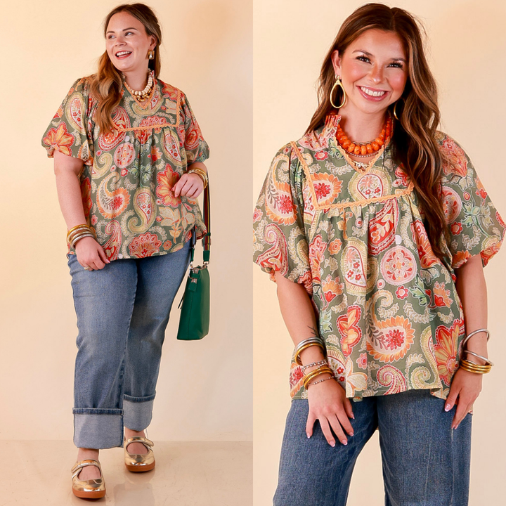 Blooming Days Ahead Paisley Print V Neck Blouse with Puff Sleeves, Ruffle Trim Collar and Lace Trim Yoke in Olive Green Mix