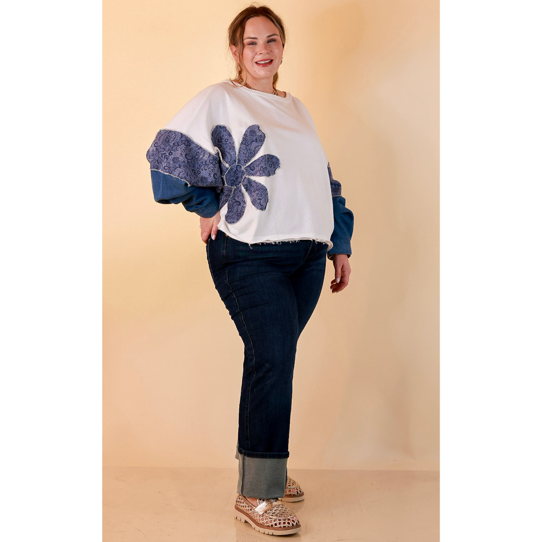 Blooming Details Oversized Floral Appliqué Contrast Sleeve Raw Hem Top in Ivory and Denim Blue