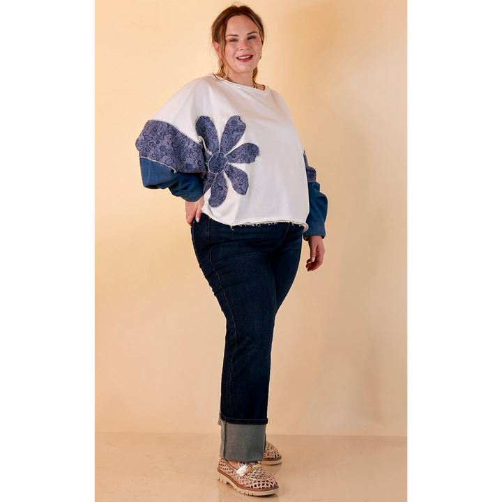 Blooming Details Oversized Floral Appliqué Contrast Sleeve Raw Hem Top in Ivory and Denim Blue