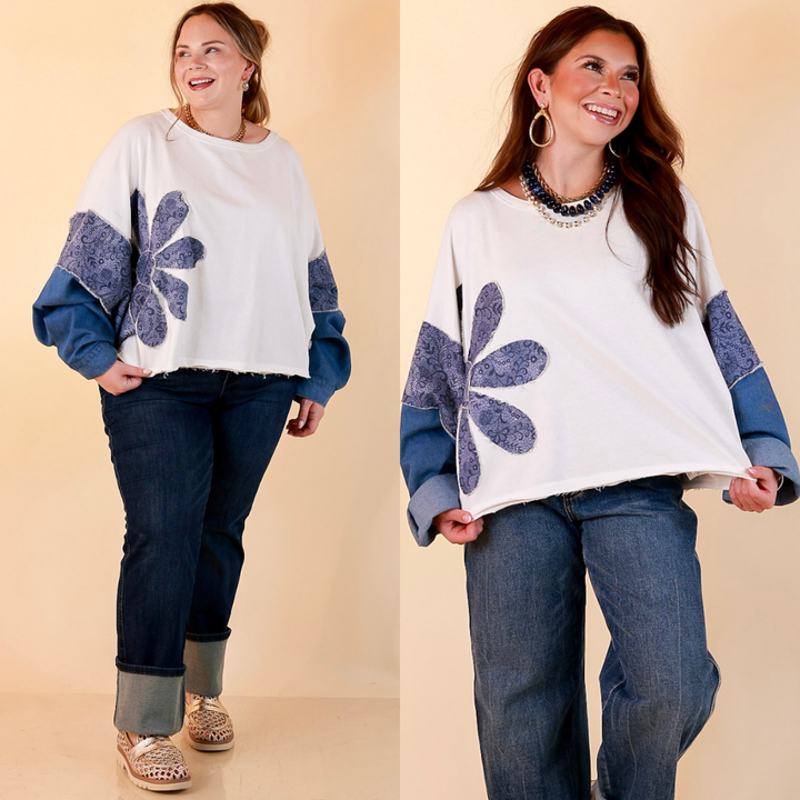 Blooming Details Oversized Floral Appliqué Contrast Sleeve Raw Hem Top in Ivory and Denim Blue