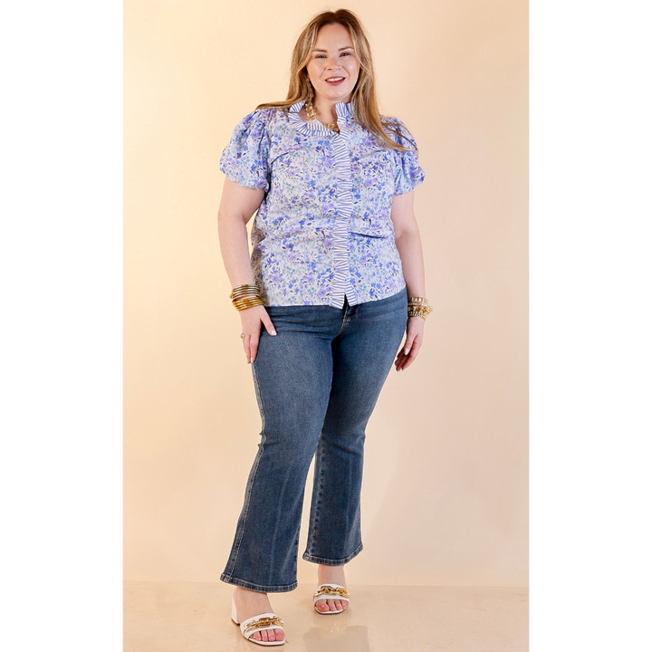 Bloom with Grace Short Puff Sleeve Ruffle Trim Button Front Floral Peplum Top in Blue