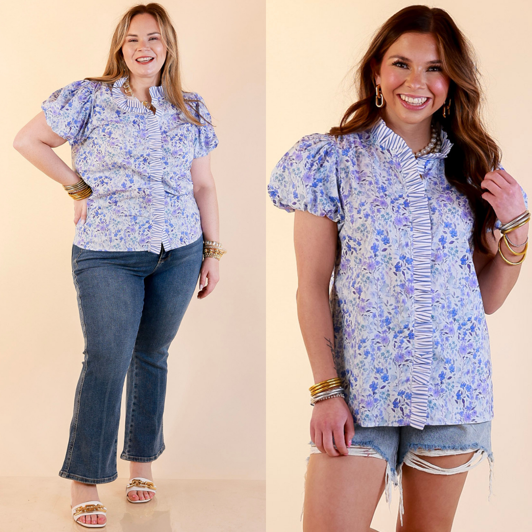Models are wearing Short Puff Sleeve Ruffle Trim Button Front Floral Peplum Top in Blue with bottoms against a beige backdrop. 