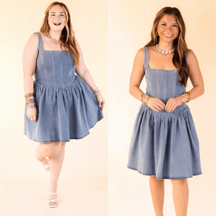 Flirty and flattering, this corset denim dress features a sweetheart neckline, smocked back, and flowy skirt for an easy, all-day cute look.  Sizes small to Large.
