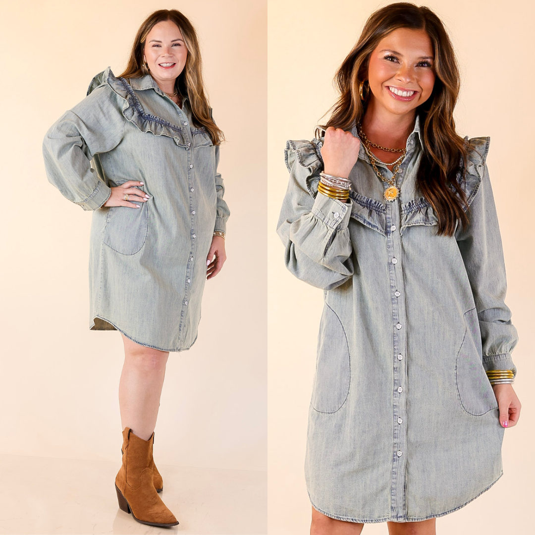 Woman wearing a denim dress with ruffled details on a beige background