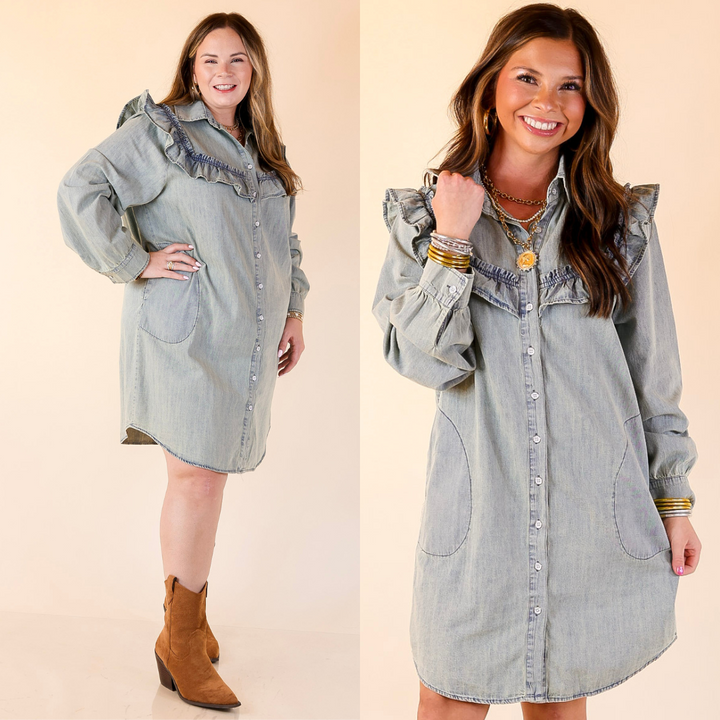 Woman wearing a denim dress with ruffled details on a beige background