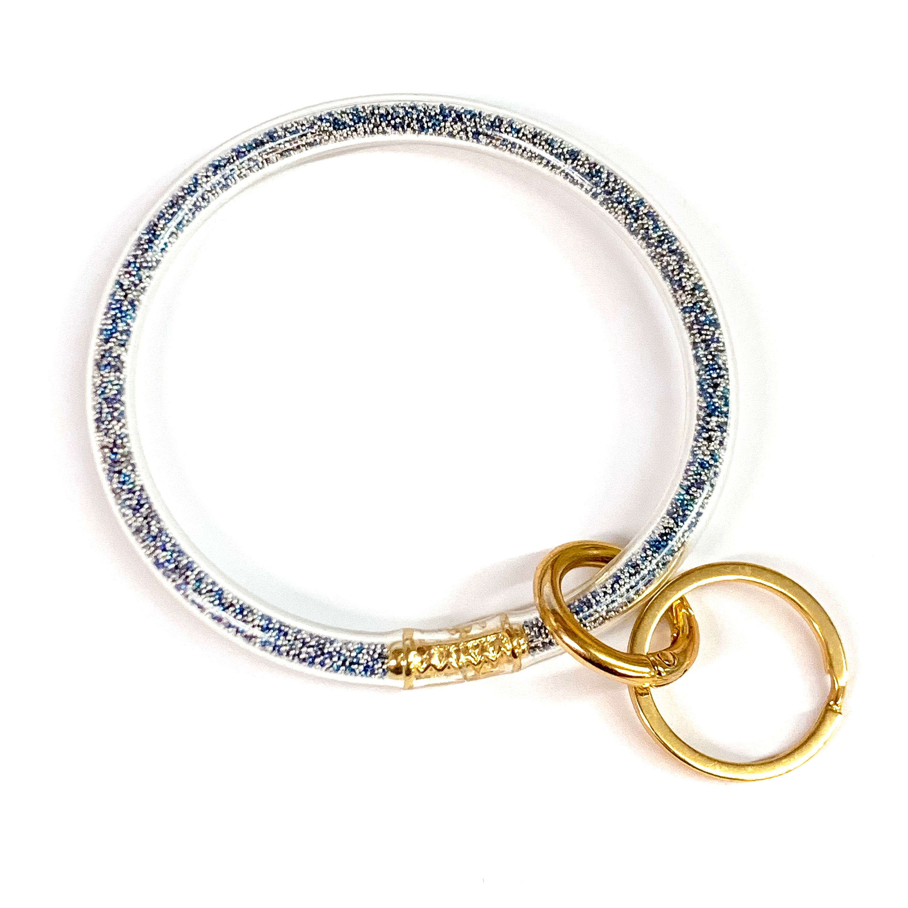 Clear O Bangle Key Ring with Micro Beads in Blue and Silver